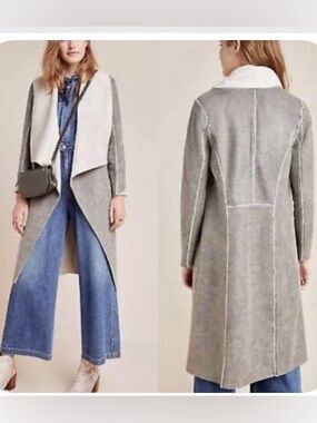 Anthropologie Gray Drape Front Coat. Fur and side